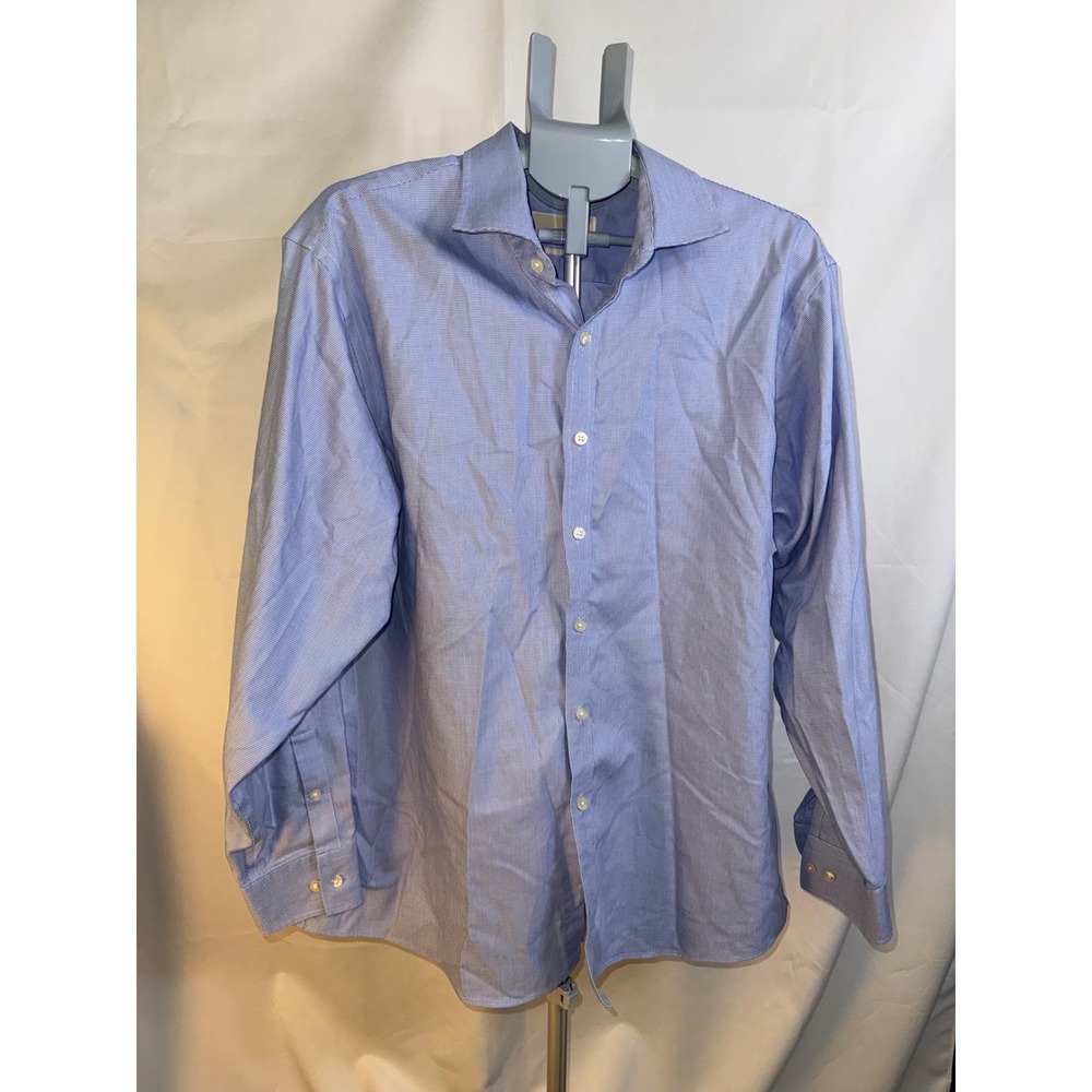 Michael Kors Mens Blue Micro Houndstooth Non Iron Dress Shirt 17.5 34/35